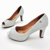 Vizzano 1840-300 Mid Heel Peeptoe Pump in Silver Shine