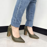 Vizzano 1285-400 Block Heel Pointy Toe Pump in Olive Napa