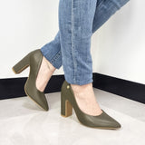 Vizzano 1285-400 Block Heel Pointy Toe Pump in Olive Napa