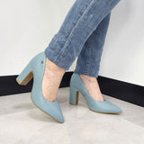 Vizzano 1285-400 Block Heel Pointy Toe Pump in Turquoise Napa